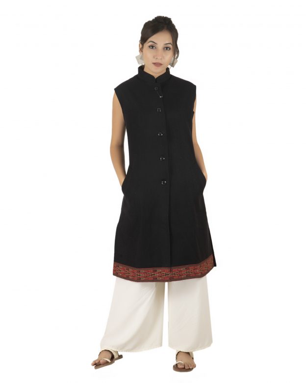 Handwoven Woolen Black Half Piping Design Sleeveless Coat