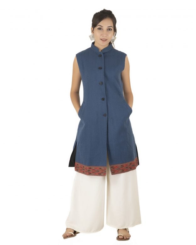 Handwoven Woolen Blue Half Piping Design Sleeveless Coat