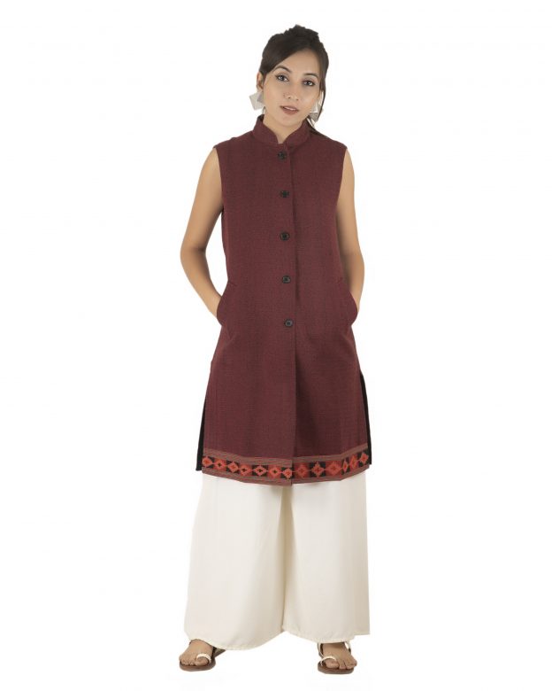 Handwoven Woolen Brown Half Piping Design Sleeveless Coat