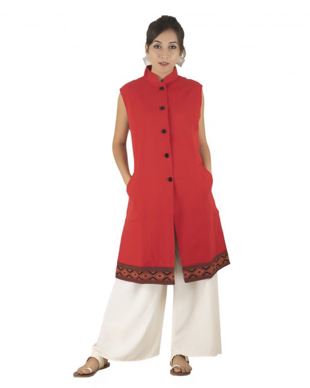 Handwoven Woolen Orange Half Piping Design Sleeveless Coat