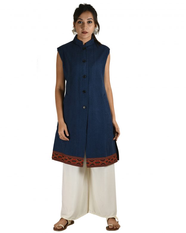 Handwoven Woolen Navy Blue Half Piping Design Sleeveless Coat