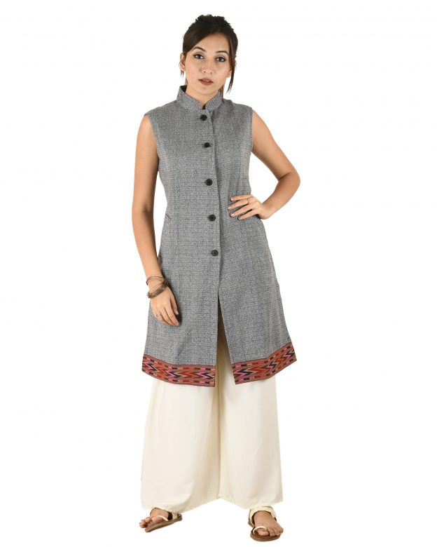 Handwoven Woolen Grey Half Piping Design Sleeveless Coat