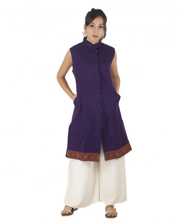 Handwoven Woolen Purple Half Piping Design Sleeveless Coat