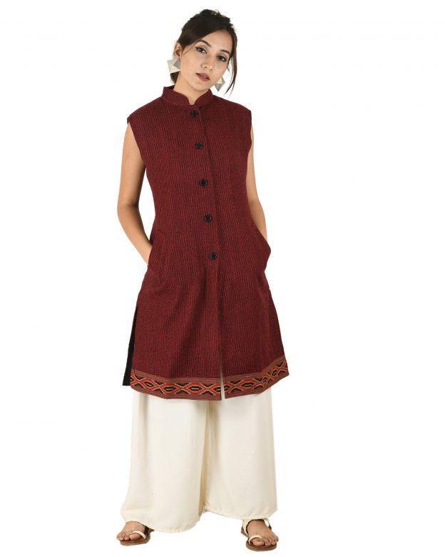 Handwoven Woolen Brown Half Piping Design Sleeveless Coat