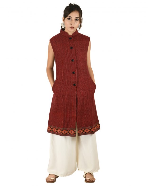 Handwoven Woolen Red Half Piping Design Sleeveless Coat