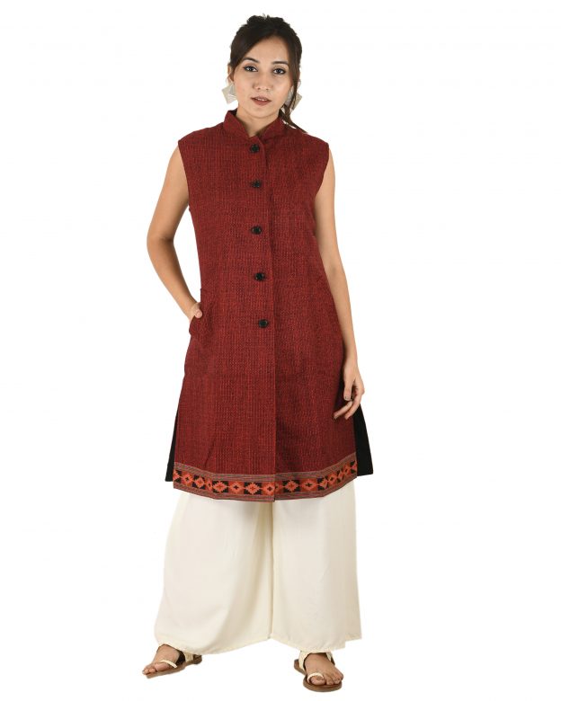 Handwoven Woolen Red Half Piping Design Sleeveless Coat