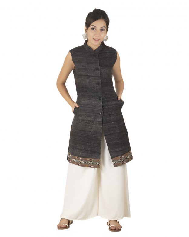 Handwoven Woolen Grey Half Piping Design Sleeveless Coat