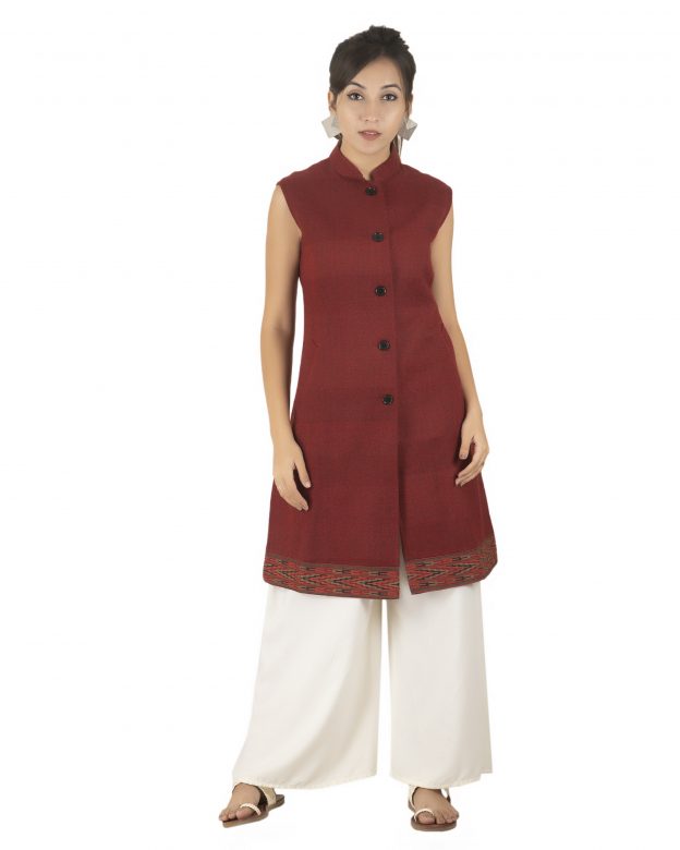 Handwoven Woolen Brown Half Piping Design Sleeveless Coat