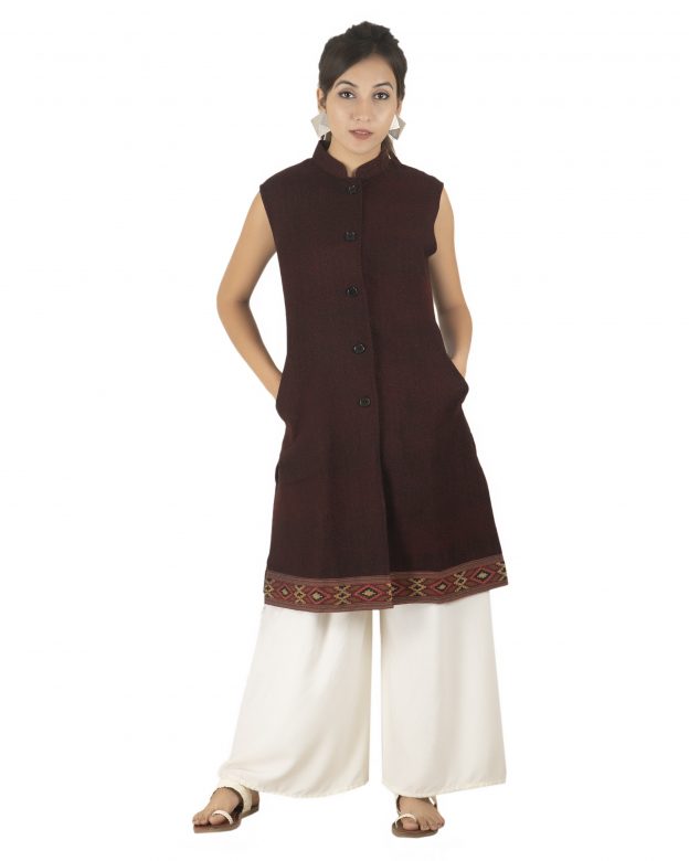 Handwoven Woolen Brown Half Piping Design Sleeveless Coat