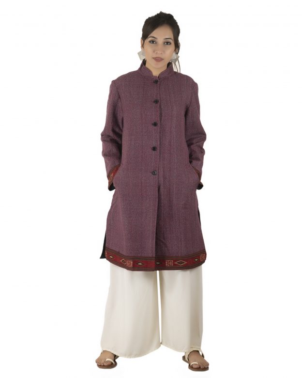 Handwoven Woolen Purple Half Piping Design Sleeveless Coat