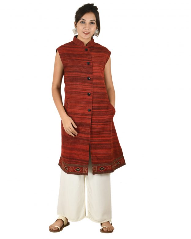 Handwoven Woolen Orange Half Piping Design Sleeveless Coat