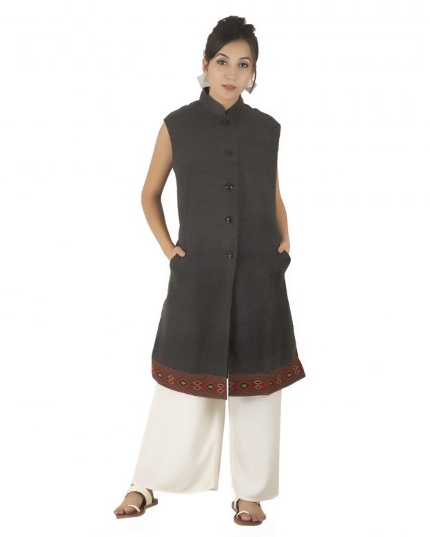 Handwoven Woolen Grey Half Piping Design Sleeveless Coat