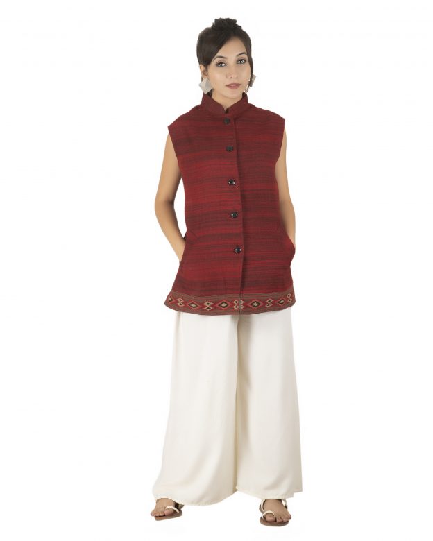 Handwoven Woolen Brown Regular Fit Sleeveless Coat