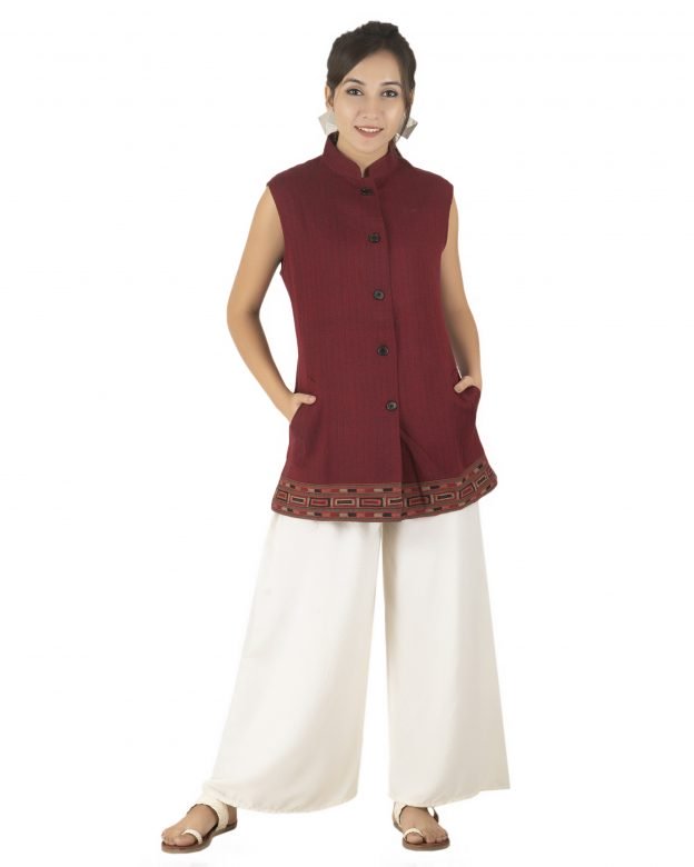 Handwoven Woolen Maroon Regular Fit Sleeveless Coat