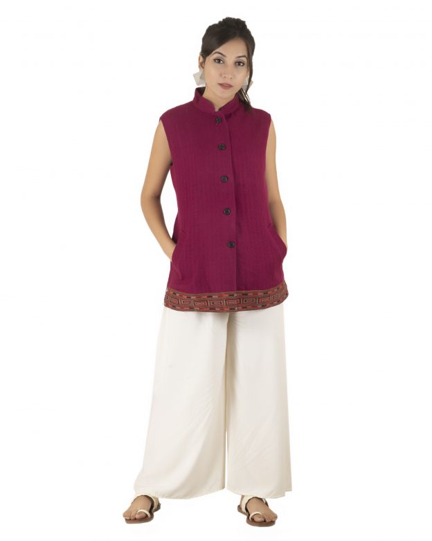 Handwoven Woolen Magenta Regular Fit Sleeveless Coat