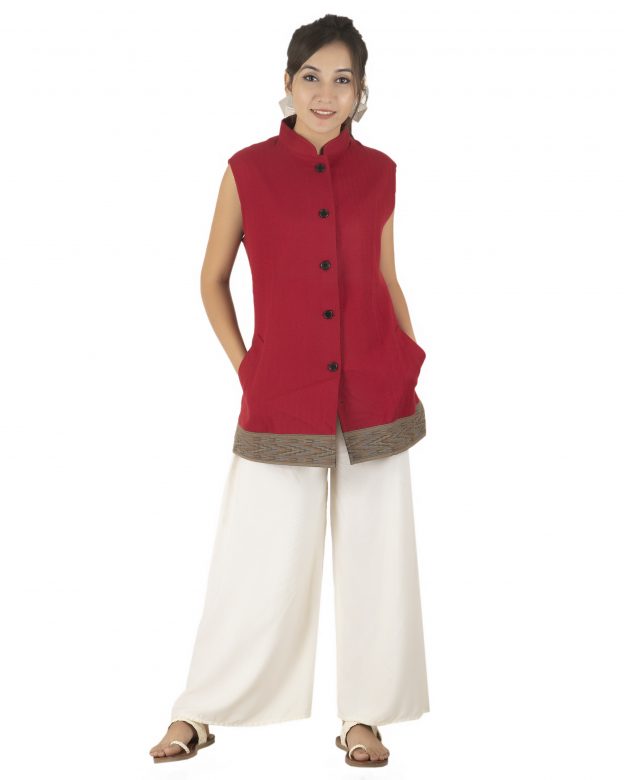 Handwoven Woolen Red Regular Fit Sleeveless Coat