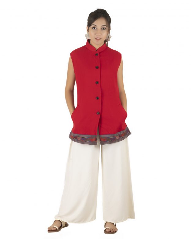 Handwoven Woolen Orange Regular Fit Sleeveless Coat