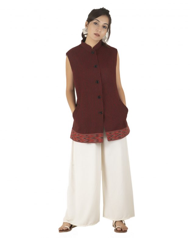 Handwoven Woolen Maroon Regular Fit Sleeveless Coat
