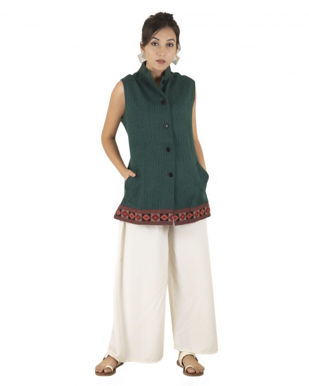 Handwoven Woolen Green Regular Fit Sleeveless Coat