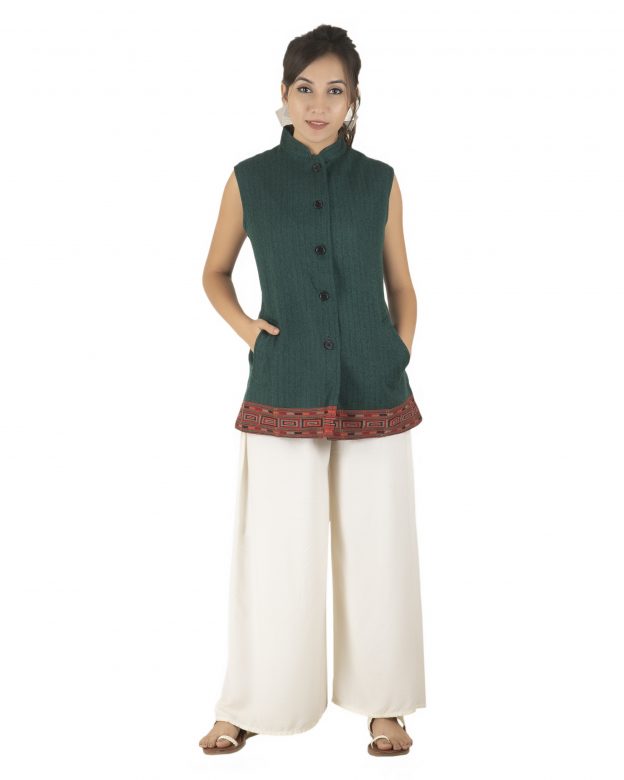 Handwoven Woolen Green Regular Fit Sleeveless Coat