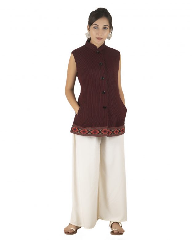 Handwoven Woolen Maroon Regular Fit Sleeveless Coat
