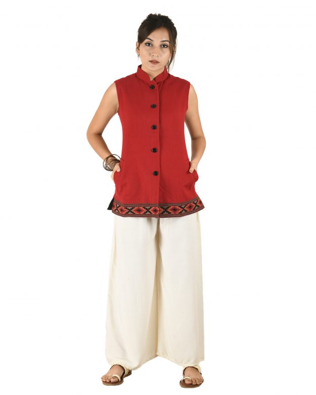 Handwoven Woolen Maroon Regular Fit Sleeveless Coat