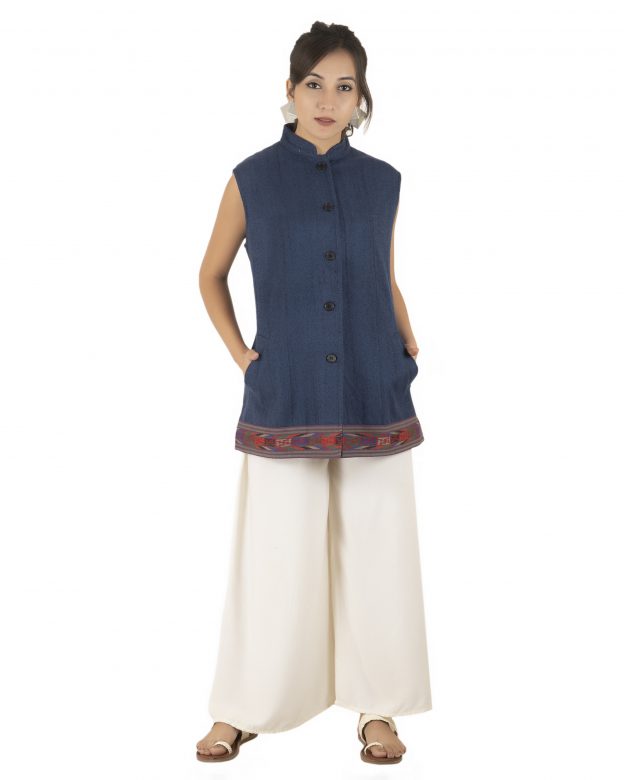 Handwoven Woolen Blue Regular Fit Sleeveless Coat