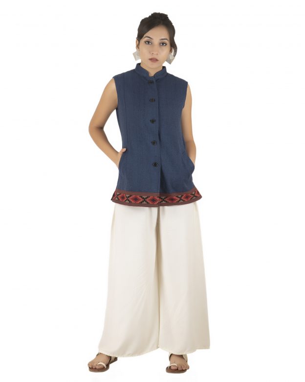 Handwoven Woolen Blue Regular Fit Sleeveless Coat