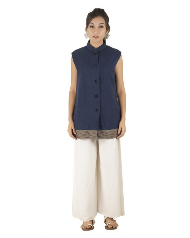 Handwoven Woolen Blue Regular Fit Sleeveless Coat