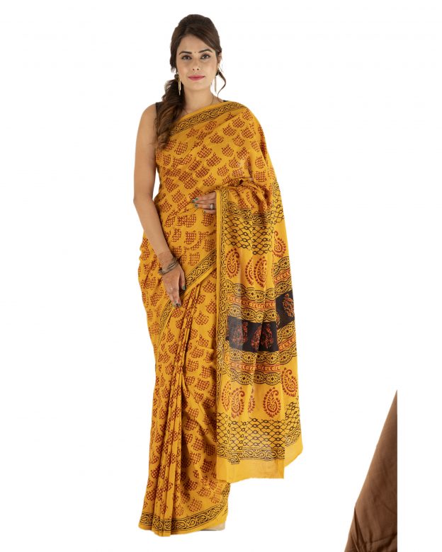 Handmade Traditional Cotton Bagh Print Multicolor Saree