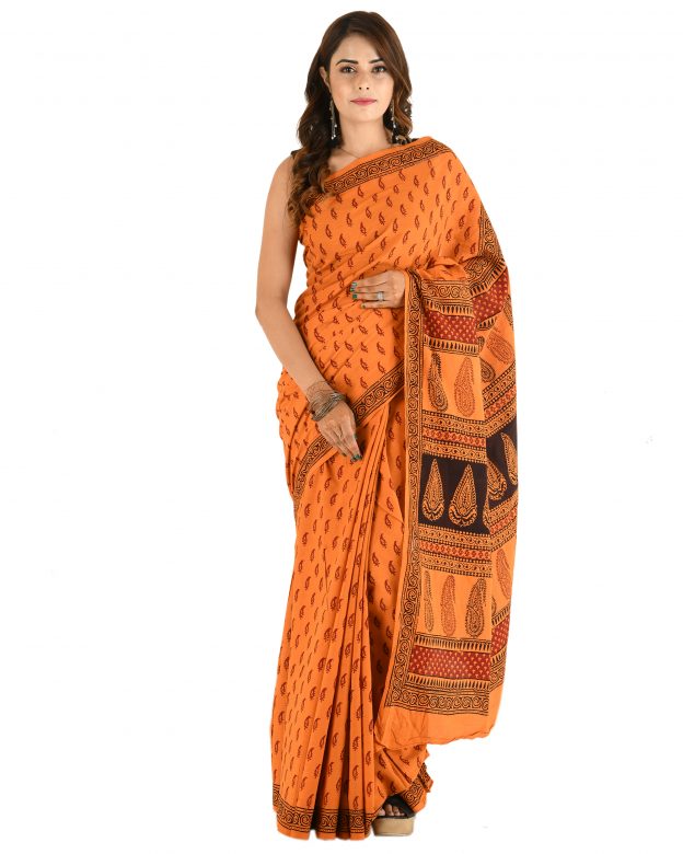 Handmade Traditional Cotton Bagh Print Multicolor Saree