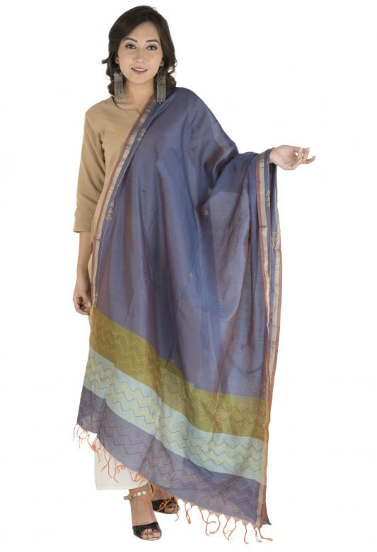 Navy Blue & Light Green Mangalgiri Silk Dupatta