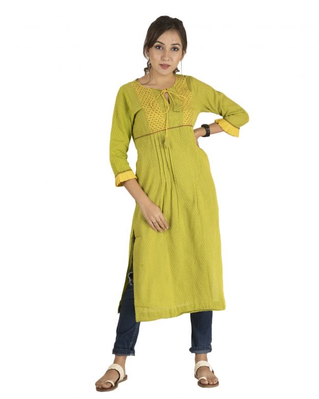 Ladies Cotton Multicolor 3/4 Sleeve Calf Length Neck Silk Kurta