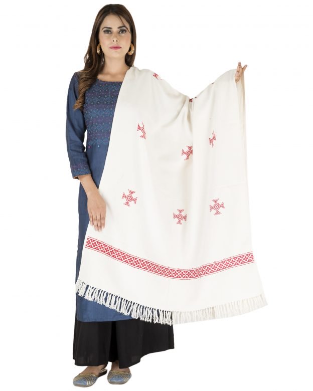 Handmade Women's White & Red Free Size Toda Shawl