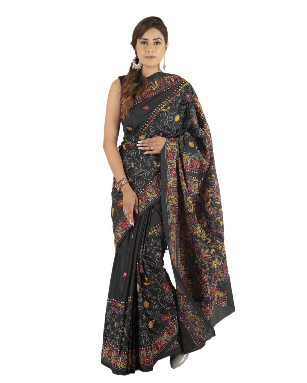Black Tassar Silk Kantha Embroidery Saree