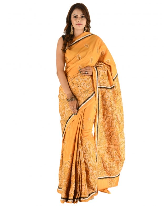 Handmade Traditional Kantha Embroidery Multicolor Silk Saree