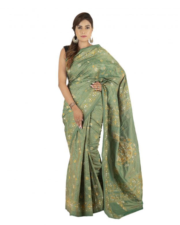 Green Tassar Silk Kantha Embroidery Saree