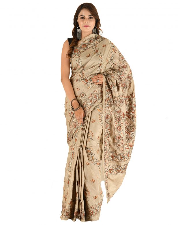 Handmade Traditional Kantha Embroidery Multicolor Silk Saree