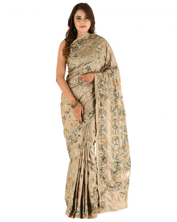 Handmade Traditional Kantha Embroidery Multicolor Silk Saree