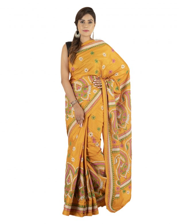Yellow Tassar Silk Kantha Embroidery Saree