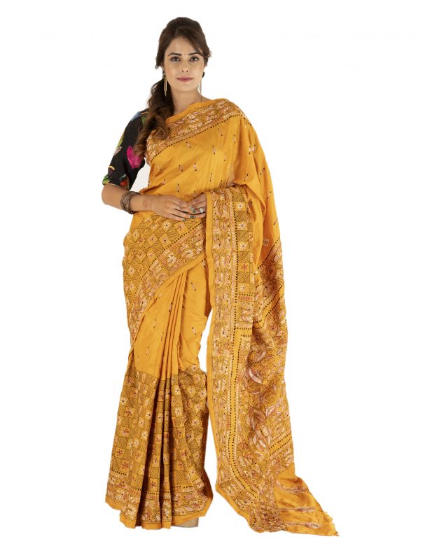 Handmade Traditional Kantha Embroidery Multicolor Silk Saree