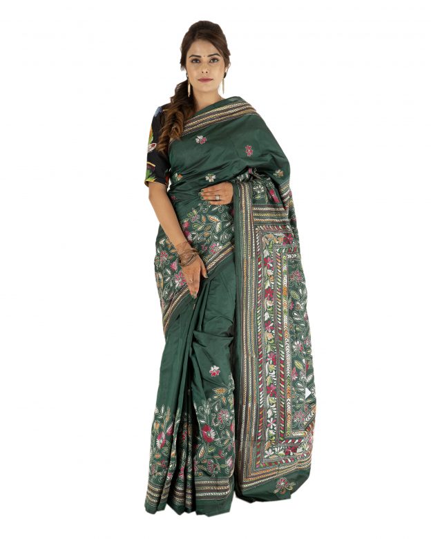 Handmade Traditional Kantha Embroidery Multicolor Silk Saree