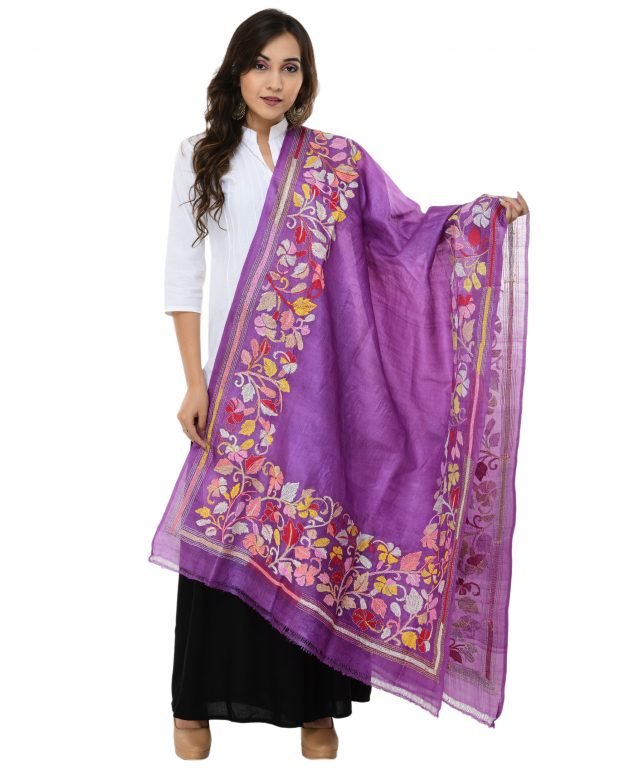Kanta Embroidery Purple & Pink Tassar Dupatta