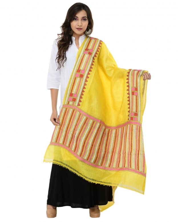 Kanta Embroidery Yellow & Pink Tassar Dupatta
