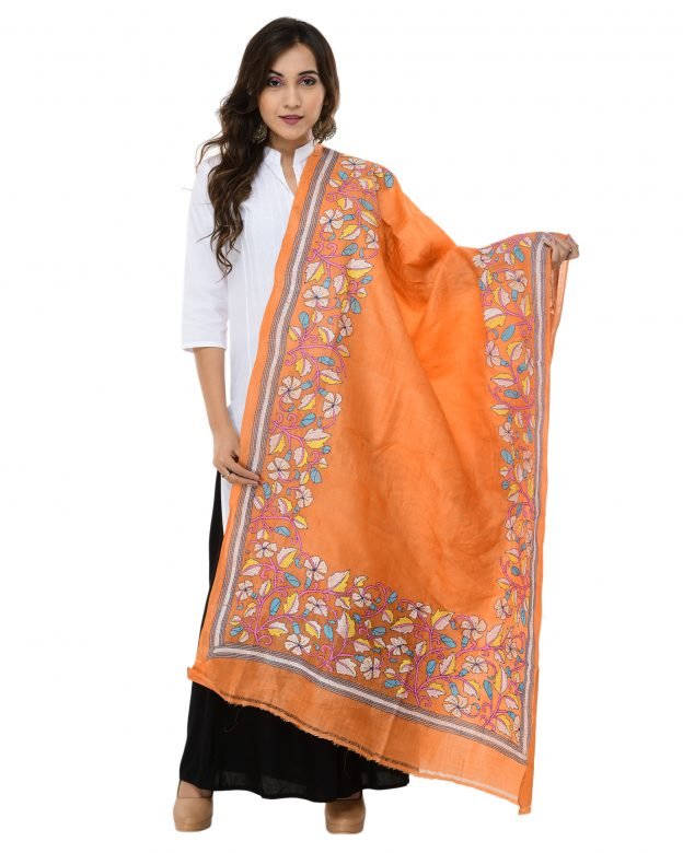 Kanta Embroidery Ligth Brown & Blue Tassar Dupatta