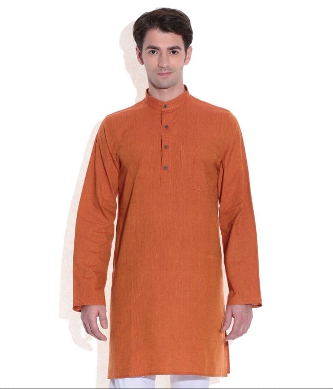 Handwoven Cotton Men Orange Knee Long Kurta - 38