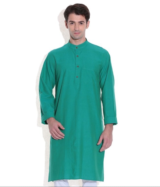Men Long Kurta Green Handwoven Cotton Fabric