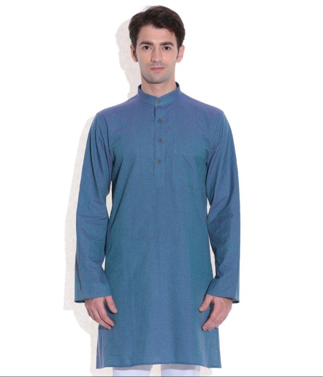 Men Long Kurta Blue Handwoven Cotton Fabric - 40