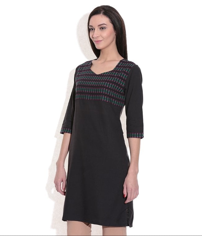 Long Kurta Women Black Handwoven Cotton Fabric