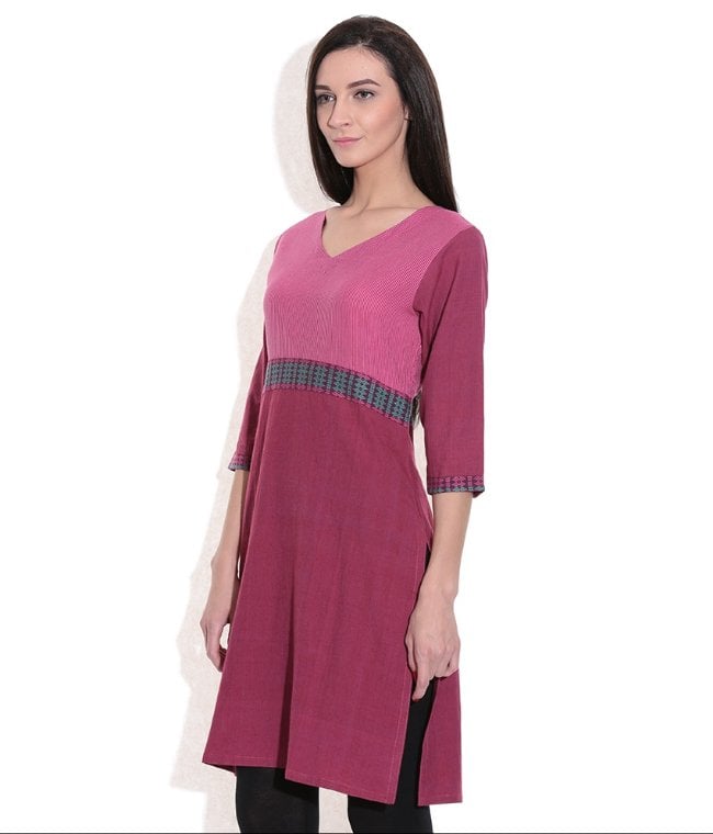 Long Kurta Women Pink Handwoven Cotton Fabric - M